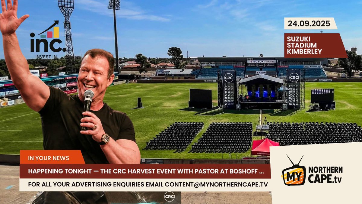 HAPPENING TONIGHT < Heritage Day in Kimberley closes with unity, worship &amp; joy. 💚Tonight at Suzuki Rugby Stadium, 19:00 — the CRC Harvest Event with Ps At Boshoff. ✅ Free entrance | ✅ Family event | ✅ All are welcome. Let’s celebrate together under the Northern Cape sky. 🌌