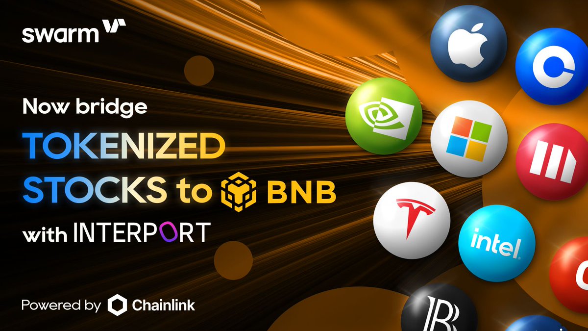 🟡 Now live: Tokenized stocks on BNB
<a href="/SwarmMarkets/">Swarm</a> just got even more accessible. <a href="/InterportFi/">Interport Finance</a> now supports cross-chain transfers of real-world assets directly to BNB Chain.

AAPL, TSLA, NVDA and more. One bridge away.
Try now: app.interport.fi/bridge/ 🚀