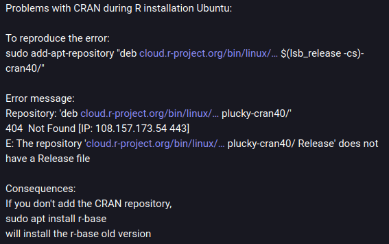 Python_cursos's tweet image. I cannot install version 4.5 of R from the CRAN website because of this error:
see picture:
#CRAN #Rstats #Ubuntu