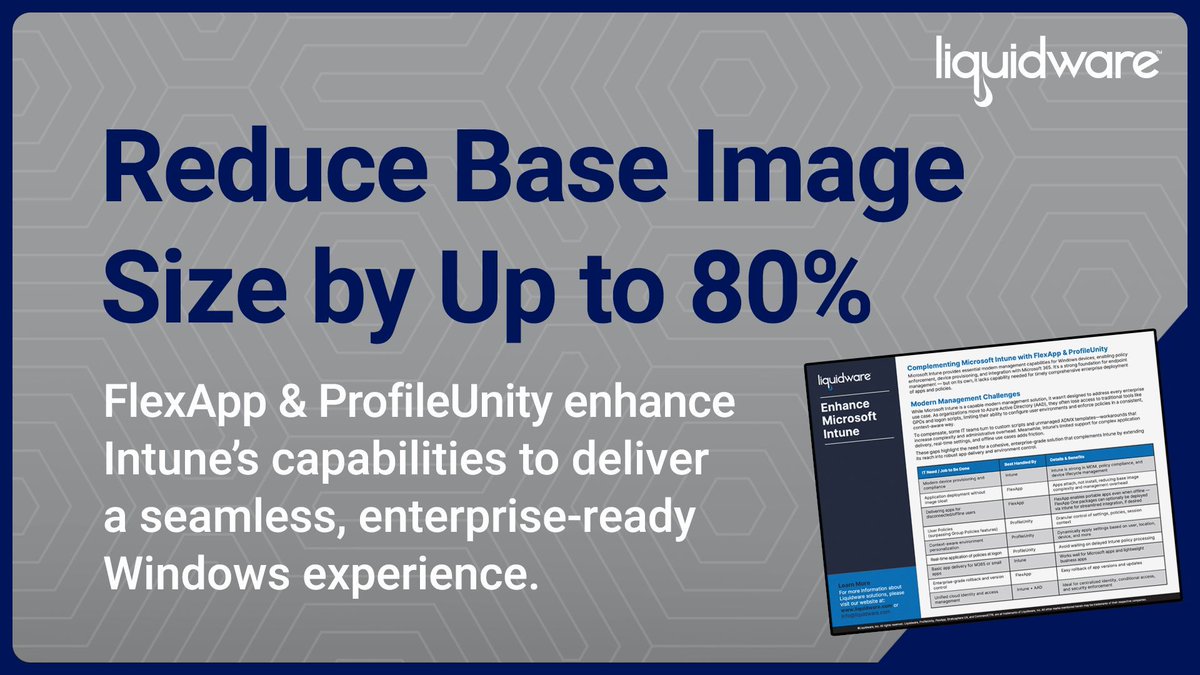 Liquidware's tweet image. Managing endpoints with Intune? Liquidware FlexApp and ProfileUnity enhance Microsoft Intune with advanced app delivery, user personalization, and real-time policy enforcement. 

See what’s possible: buff.ly/48GJsGx 

#Liquidware #FlexApp #ProfileUnity #Intune #EUC