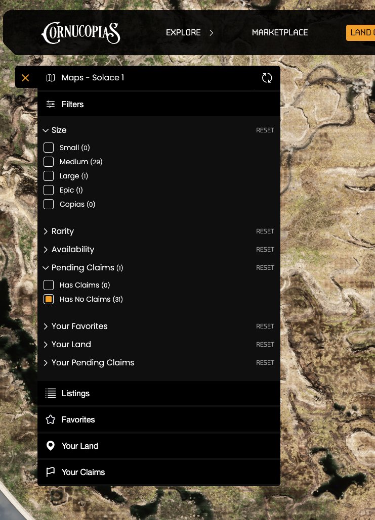 Having a difficult time finding a Land plot that isn't loaded up with claims?

A NEW FEATURE has been pushed to the Map that eases the ability to find plots in each of the 3 Solaces that have yet to receive any claims under map FILTER's then under the PENDING CLAIMS dropdown. 🧵