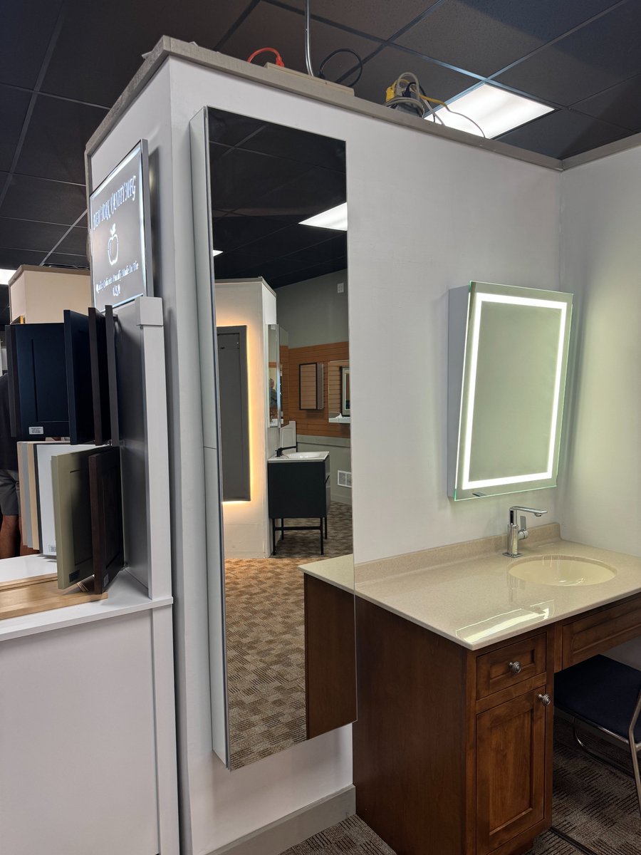 SofiaCabinets's tweet image. Sleek. Spacious. Seamless. Shown is our #Colossus Collection of medicine cabinets, #frameless single door in a polished edge with optional interior #lighting. As seen at Oasis Showrooms by @aprsupply in Newark, #DE! #madeintheusa