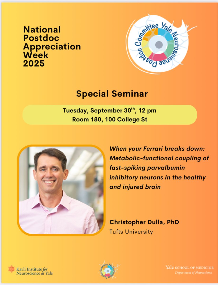 YNPC (@yaleneurpostdoc) on Twitter photo πSpecial Seminar Alert! π
π
 Sept 30 | π 12 PM | π 100 College St, Rm 180
Topic: When your Ferrari breaks down: Metabolic-functional coupling of fast-spiking parvalbumin inhibitory neurons in the healthy and injured brain
Speaker: Christopher Dulla, PhD β Tufts University πSpecial Seminar Alert! π
π
 Sept 30 | π 12 PM | π 100 College St, Rm 180
Topic: When your Ferrari breaks down: Metabolic-functional coupling of fast-spiking parvalbumin inhibitory neurons in the healthy and injured brain
Speaker: Christopher Dulla, PhD β Tufts University