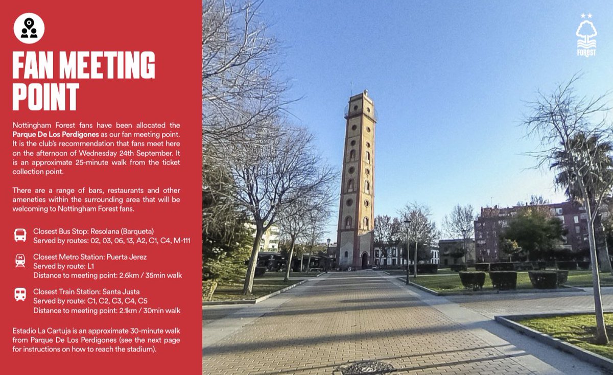 Please start to make your way to the Fan Meeting Point. 🌳❤️

There are a range of bars, restaurants and other amenities within the local area which are welcoming for Forest supporters.