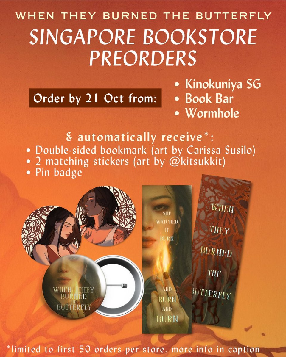 announcing the WHEN THEY BURNED THE BUTTERFLY preorder campaign!!!

send me your preorder receipts now till Oct 21 (with an exclusive for certain Singapore bookstores) &amp; get some pretty gifts ft. all southeast asian artists! 

links in bio 🦋✨