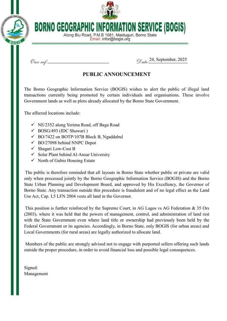 Be aware of fraudulent land Business ooh <a href="/BornoGis/">BornoGIS</a> <a href="/EngrBababe/">Engr. Adam Bababe</a> <a href="/GovBorno/">Governor Borno</a>