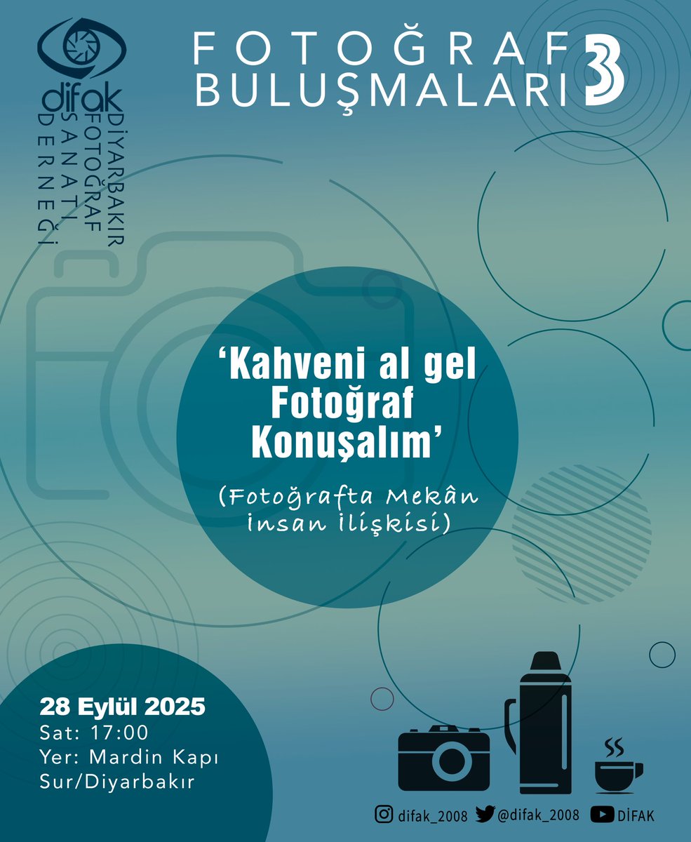 📸 Kahveni al gel fotoğraf konuşalım!
3. buluşmamızda “Fotoğrafta Mekân – İnsan İlişkisi” üzerine sohbet ediyoruz.

📍 Mardin Kapı
🗓 28 Eylül 2025, 17:00

Herkes davetli! ☕📷