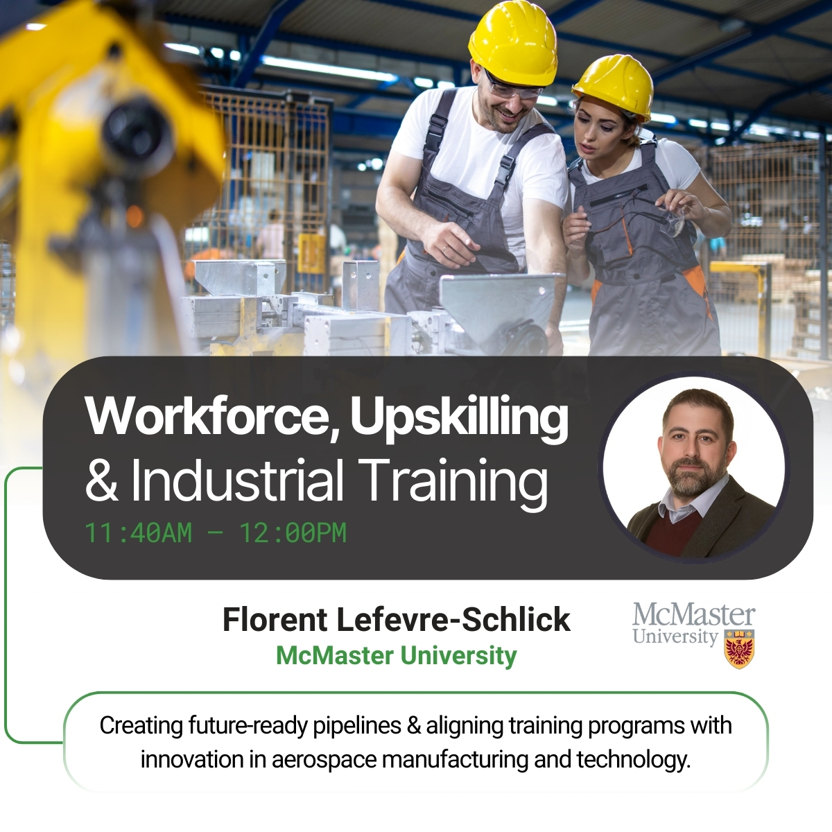 #DAIRToInnovate 🛫 Workforce, Upskilling &amp; Industrial Training

Florent Lefevre-Schlick from McMaster University leads a discussion on how #upskilling, #industrial training and #TalentDevelopment are shaping the future of aerospace.

🔗 Register Today: dairhub.com/dair-to-innova…