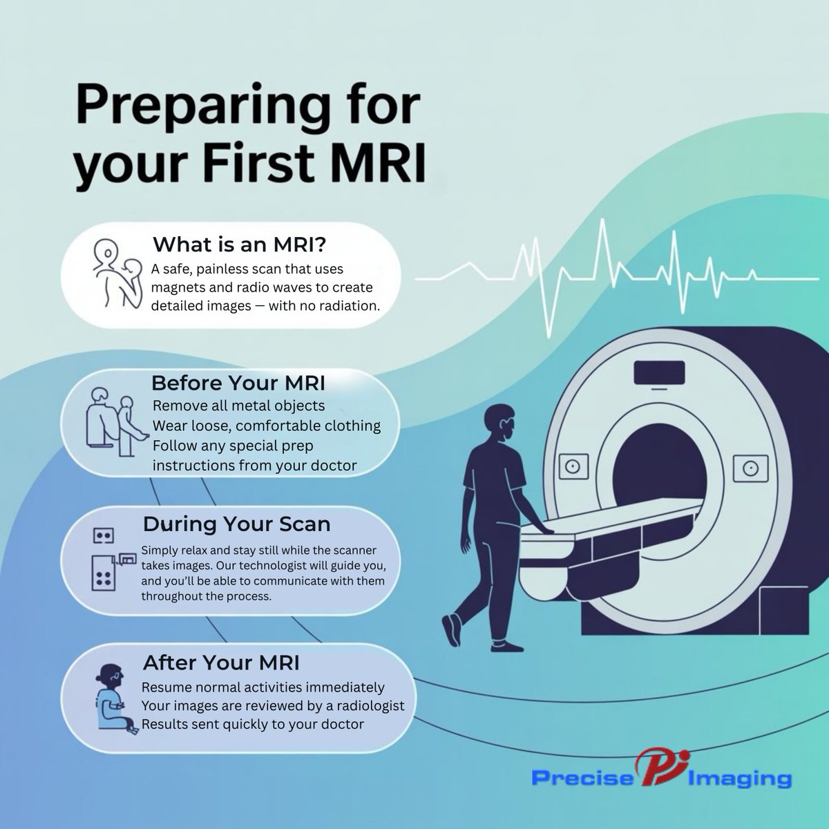 PreciseImaging's tweet image. 🧠 First MRI? Don’t Stress! At Precise Imaging, we make it quick, easy &amp;amp; radiation-free. ✔️ No metal ✔️ Comfy clothes ✔️ Relax, we’ll guide you 📤 Results sent fast to your doctor!

#FirstMRI #MRIReady #PreciseImaging #HealthCheck #NoRadiation #StayCalmScanOn