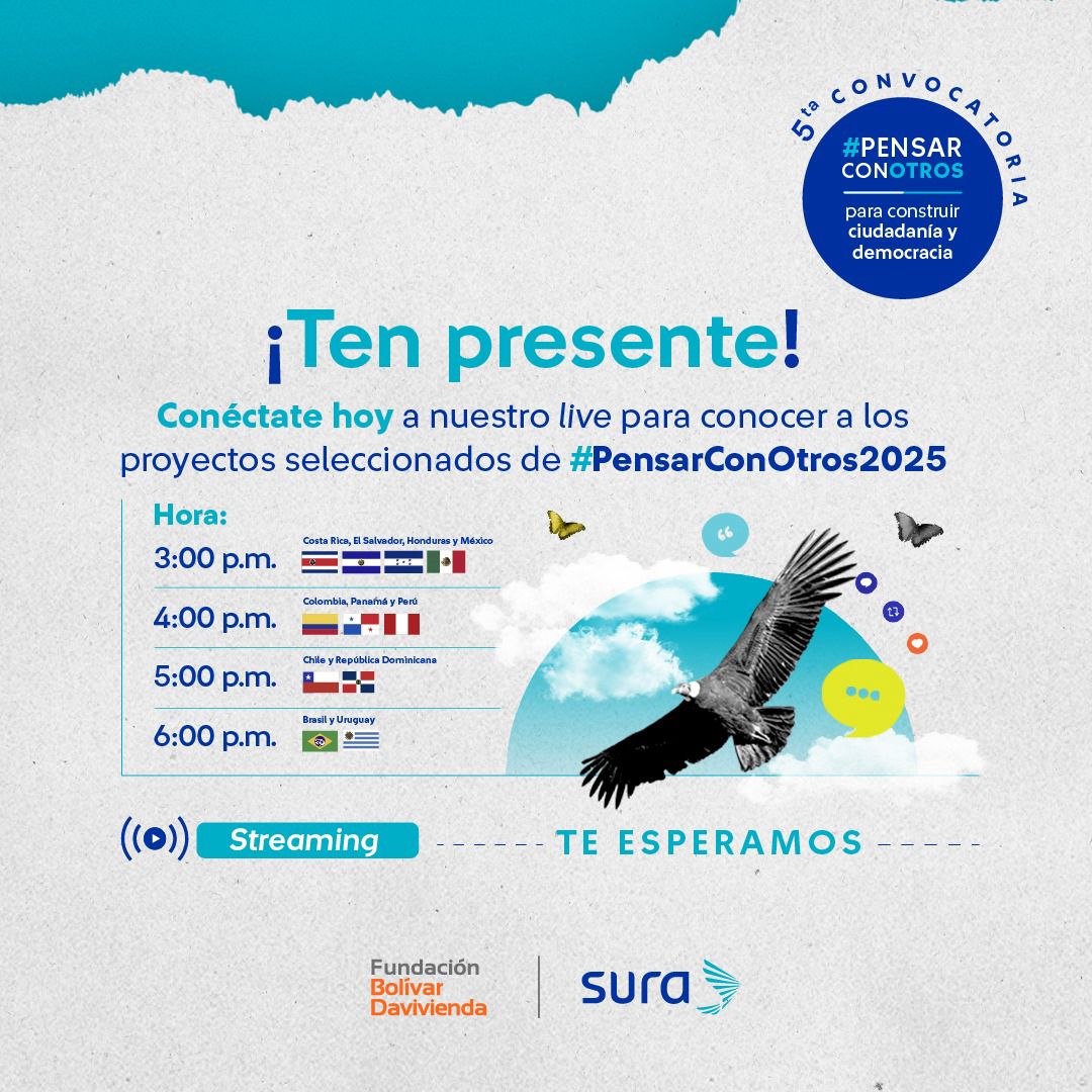 ✨ Hoy es un día clave para construir ciudadanía y democracia. Conéctese a nuestro live y conozca los proyectos de #PensarConOtros2025, en alianza con <a href="/GRUPOSURA/">Grupo SURA</a>
 🌍 👉 eunoed.com/pensarconotros… ¡No se lo pierda!