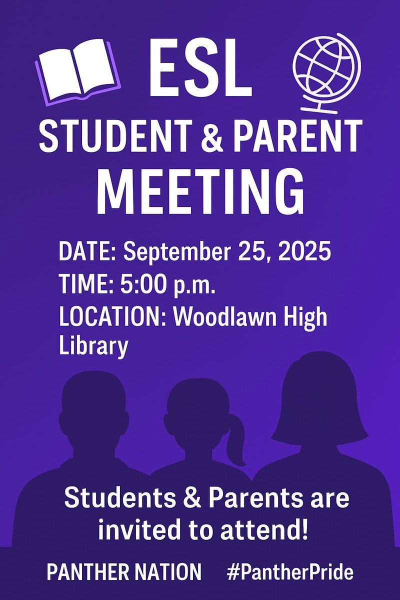 🌎 ESL Families — join us! 🌎
📅 Sept 25 | ⏰ 5:00 p.m. | 📍 WHS Library
✨ ESL Student &amp; Parent Meeting
Students + Parents invited! 💜🐾
#PantherNation #ESLMeeting #Community #BeVisibleDoingRight