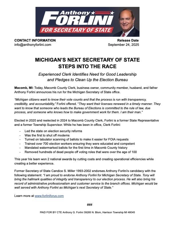 Republicans finally have a strong candidate for Secretary of State! It is important that both parties have qualified, day one ready candidates. Thank you for jumping in, Macomb County Clerk Anthony Forlini - Forlini for Us! 🇺🇸