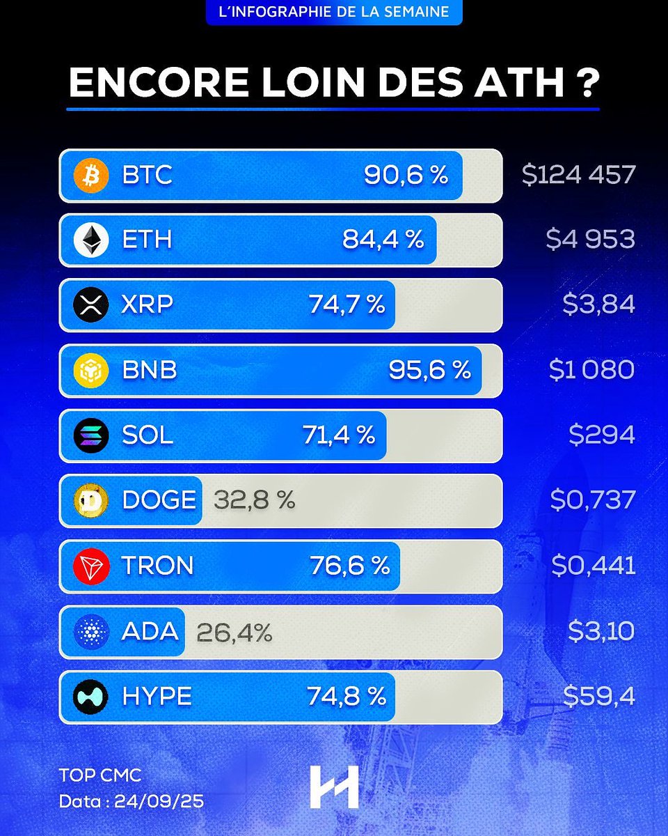 L’infographie de la semaine 👇
Position des cryptos les plus capitalisées par rapport à leur ATH