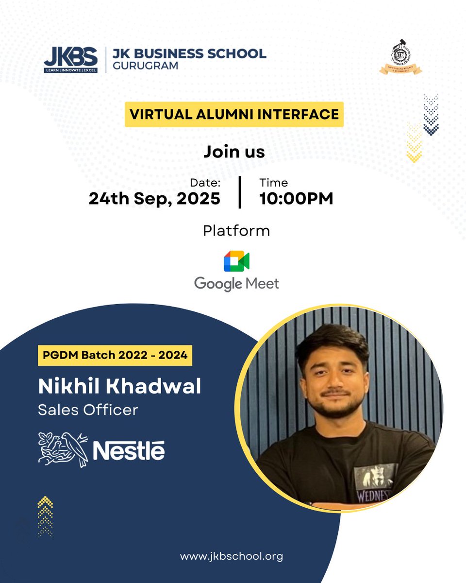 JKBSGurgaon's tweet image. Excited to host Nikhil Khadwal (PGDM 2022–24), now a Sales Officer at Nestlé, as he shares his inspiring journey from campus to corporate!
#JKBSGurugram #AlumniTalks #Nestle #JKBSFamily #CorporateJourney #BschoolLife