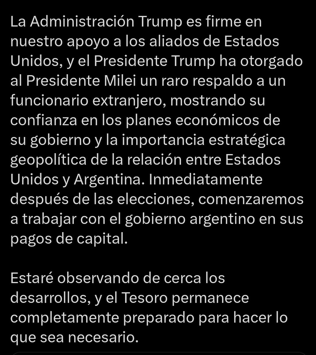 #Urgente
Ahora: el secretario del Tesoro de EU dice abiertamente que la administración Trump le dará unos 20 mil millones de dólares al Gobierno. Se trata de un apoyo a Javier Gerardo Milei no al país ni a su pueblo. Condiciona y digita el blindaje al resultado de las elecciones.