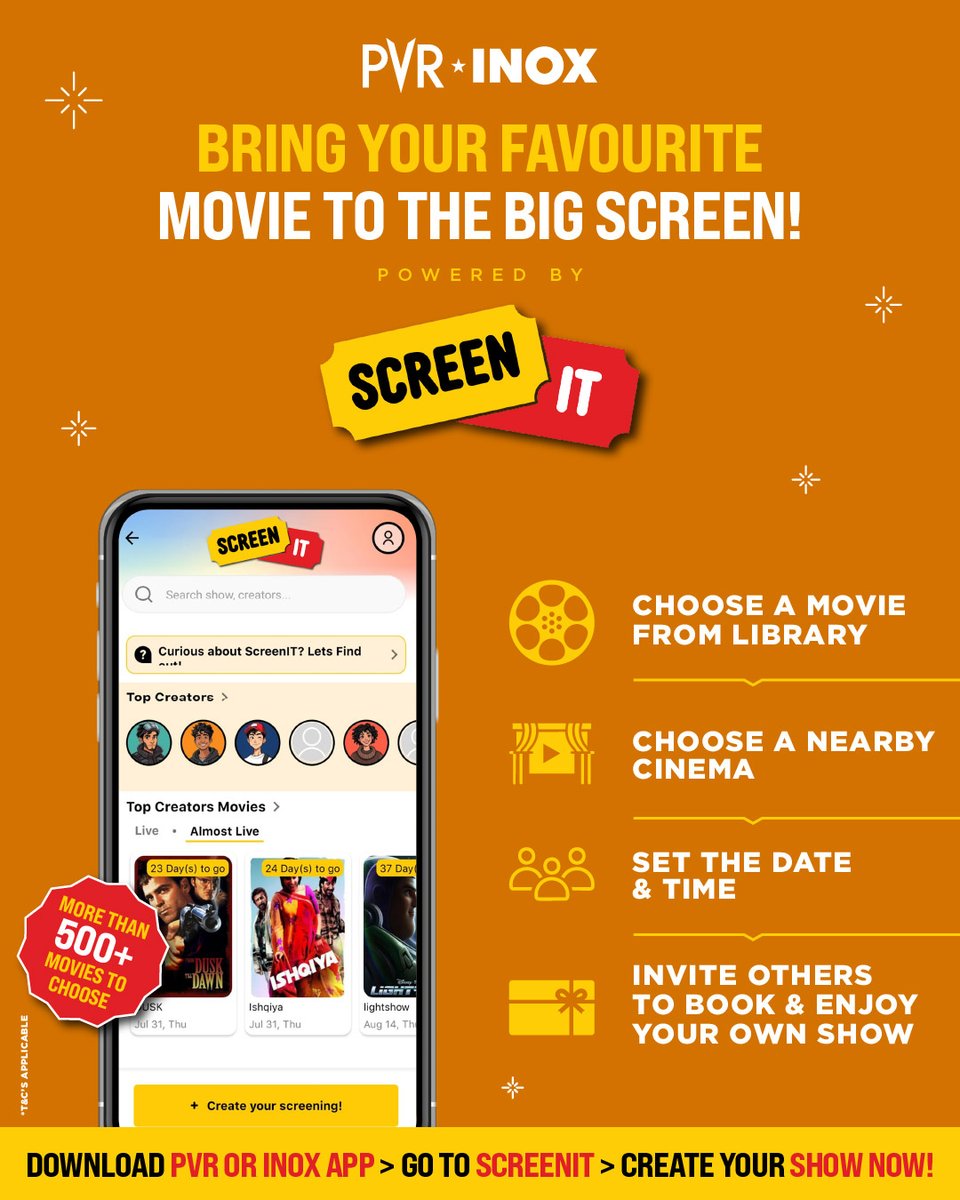 INOXMovies's tweet image. Why wait for the perfect showtime when you can set it yourself? 🎬⏰
With #ScreenIT, the cinema is on your clock — your movie, your squad, your rules.
Because at PVR INOX, the reel runs when you’re ready.

Download the app!
Link: onelink.to/3ueduh 
.
.
.
#PVRINOX #ScreenIT…
