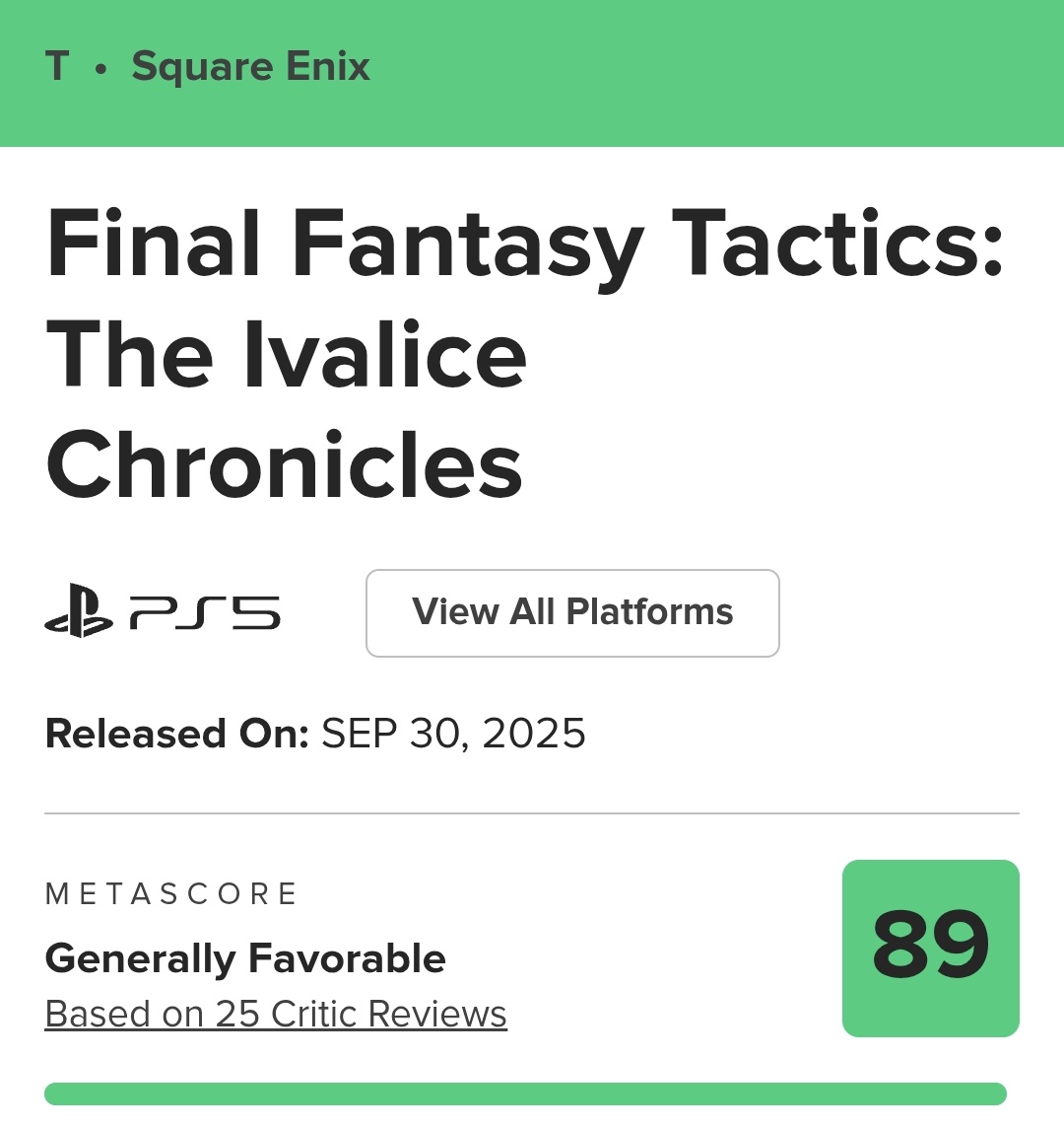 Final Fantasy Tactics: The Ivalice Chronicles tem suas primeiras notas divulgadas no Metacritic. 

O jogo estreia com nota 89 com 25 críticas publicadas até o momento. 

#FinalFantasy