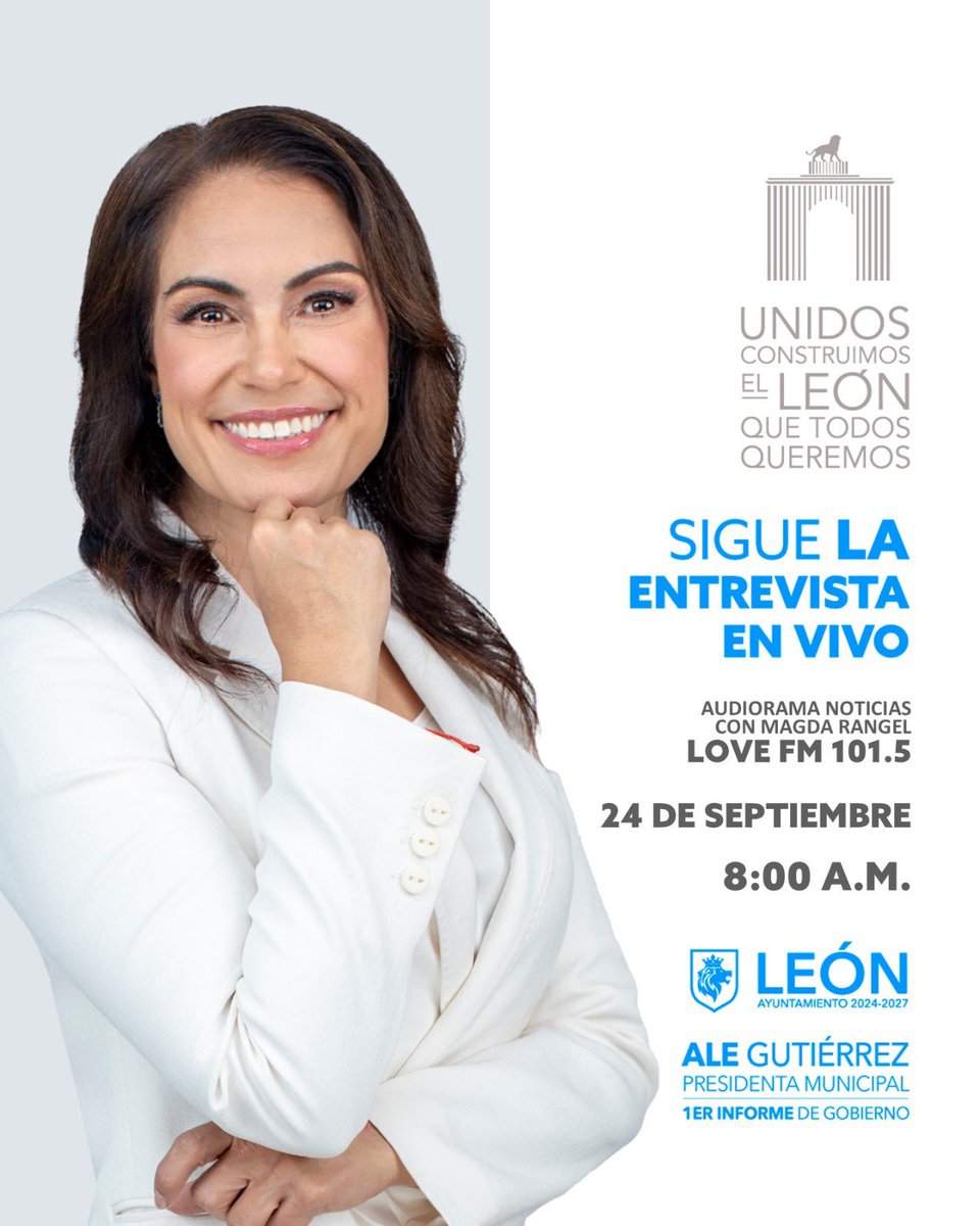 🙌 Únete a la conversación con nuestra Presidenta Municipal <a href="/AleGutierrez_mx/">𝗔𝗹𝗲 𝗚𝘂𝘁𝗶𝗲́𝗿𝗿𝗲𝘇</a>. Conoce los avances y proyectos que están construyendo el León que todos queremos. 🦁📻 <a href="/lovefmleon1/">lovefmleon </a> 101.5 | 8:00 a.m. radio-en-vivo.mx/love-1015 

#1erInformeAleGutiérrez
#PorqueTúLoQuieres