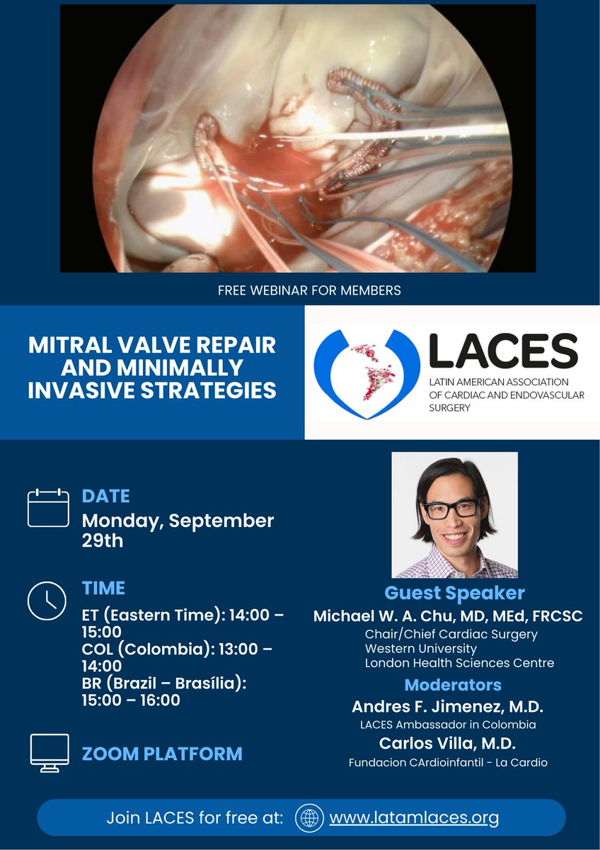 AFJimenezO's tweet photo. 📢 Join us for a free @laceslatam webinar!

Mitral Valve Repair and Minimally Invasive Strategies
🗓 Sept 29, 2025
🕑 2–3 PM ET | 1–2 PM COL | 3–4 PM BR
🎙 @MichaelChuMD
👥 Moderators: @AndresFJimenezMD &amp; @LaCardio
 https://t.co/dL16usRCZE https://t.co/eSbjoZj2Iw