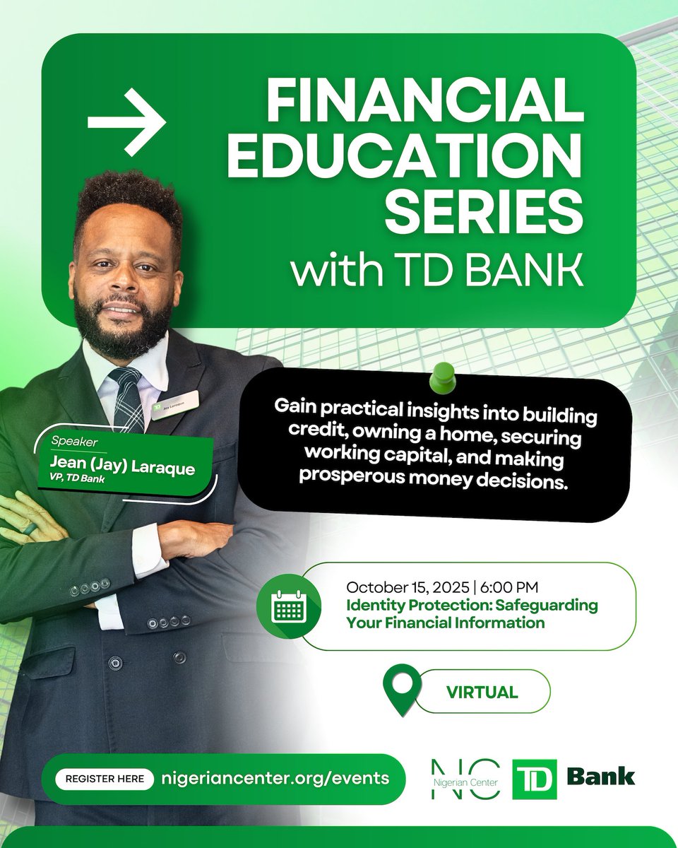 Exciting news! All our TD Bank Financial Education classes are now fully virtual! Our next session is just 3 weeks away! Register now to join this important workshop and learn how to protect yourself from identity theft
#FinancialEducation #NigerianCenter #TDBank #Blackimmigrants