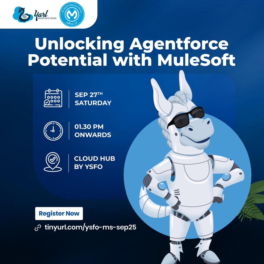 🚀 𝐔𝐧𝐥𝐨𝐜𝐤𝐢𝐧𝐠 𝐀𝐠𝐞𝐧𝐭𝐟𝐨𝐫𝐜𝐞 𝐏𝐨𝐭𝐞𝐧𝐭𝐢𝐚𝐥 𝐰𝐢𝐭𝐡 𝐌𝐮𝐥𝐞𝐒𝐨𝐟𝐭!

Get ready to explore how Agentforce and MuleSoft together can unlock smarter integrations, boost productivity, and take your Salesforce skills to the next level! Don’t miss out on this