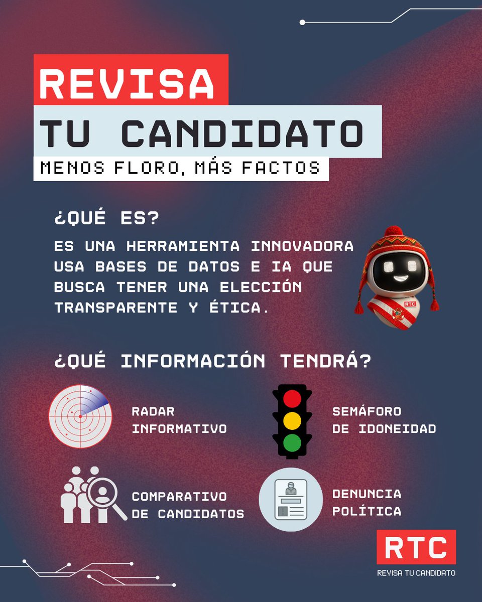 RevisaTuCandidato.pe (@rtcperu) on Twitter photo 📌Hoy más que nunca, es tiempo de estar informados para las #Elecciones2026 . 
La plataforma Revisa Tu Candidato te ayudará a evaluar a los mejores candidatos para que decidas bien.
En esta infografía, te contamos qué información encontrarás 👇
#RTC #FactosRTC #MenosFloro 📌Hoy más que nunca, es tiempo de estar informados para las #Elecciones2026 . 
La plataforma Revisa Tu Candidato te ayudará a evaluar a los mejores candidatos para que decidas bien.
En esta infografía, te contamos qué información encontrarás 👇
#RTC #FactosRTC #MenosFloro