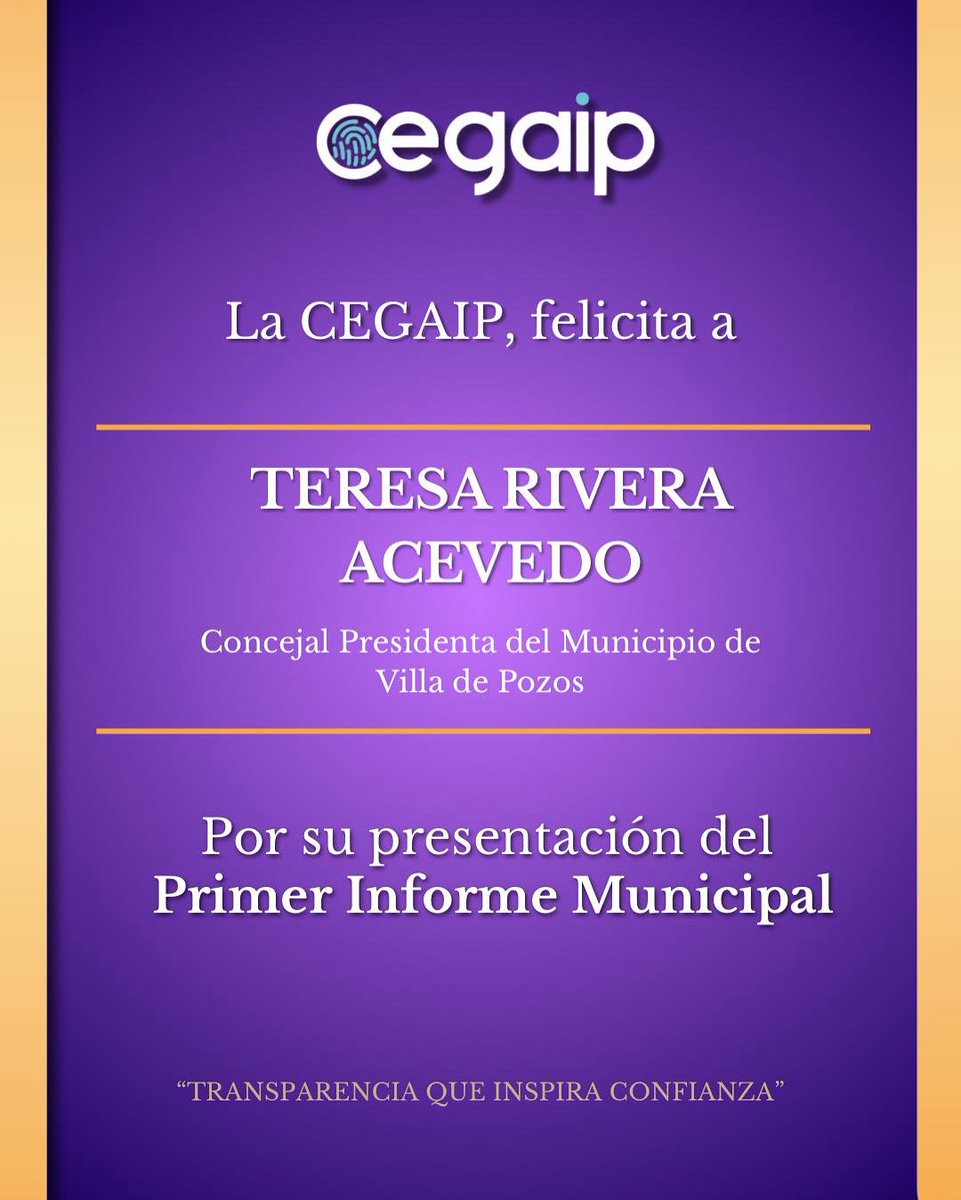 ¡Felicitamos a la Concejal Presidenta Teresa Rivera Acevedo de Villa de Pozos por la presentación de su Primer Informe Municipal! 

En la #CEGAIP reconocemos su compromiso con la #Transparencia y la #RendicionDeCuentas.