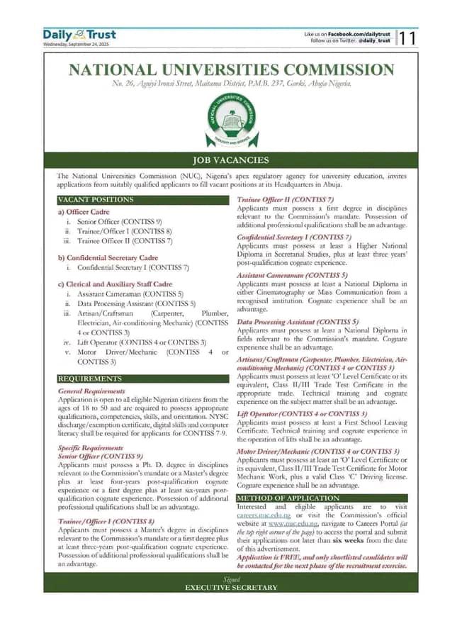 JOB ALERT

National Universities Commission is recruiting to fill some vacancies. 

Apply here: nuc.edu.ng