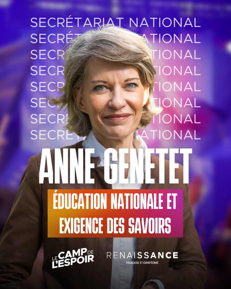 Honorée d’être nommée secrétaire nationale <a href="/Renaissance/">Renaissance</a> en charge de l’éducation nationale et de l’exigence des savoirs.

Notre École a besoin d’un sursaut, nous devons élever le niveau et porter des propositions ambitieuses.

Merci pour ta confiance, cher <a href="/GabrielAttal/">Gabriel Attal</a>.
