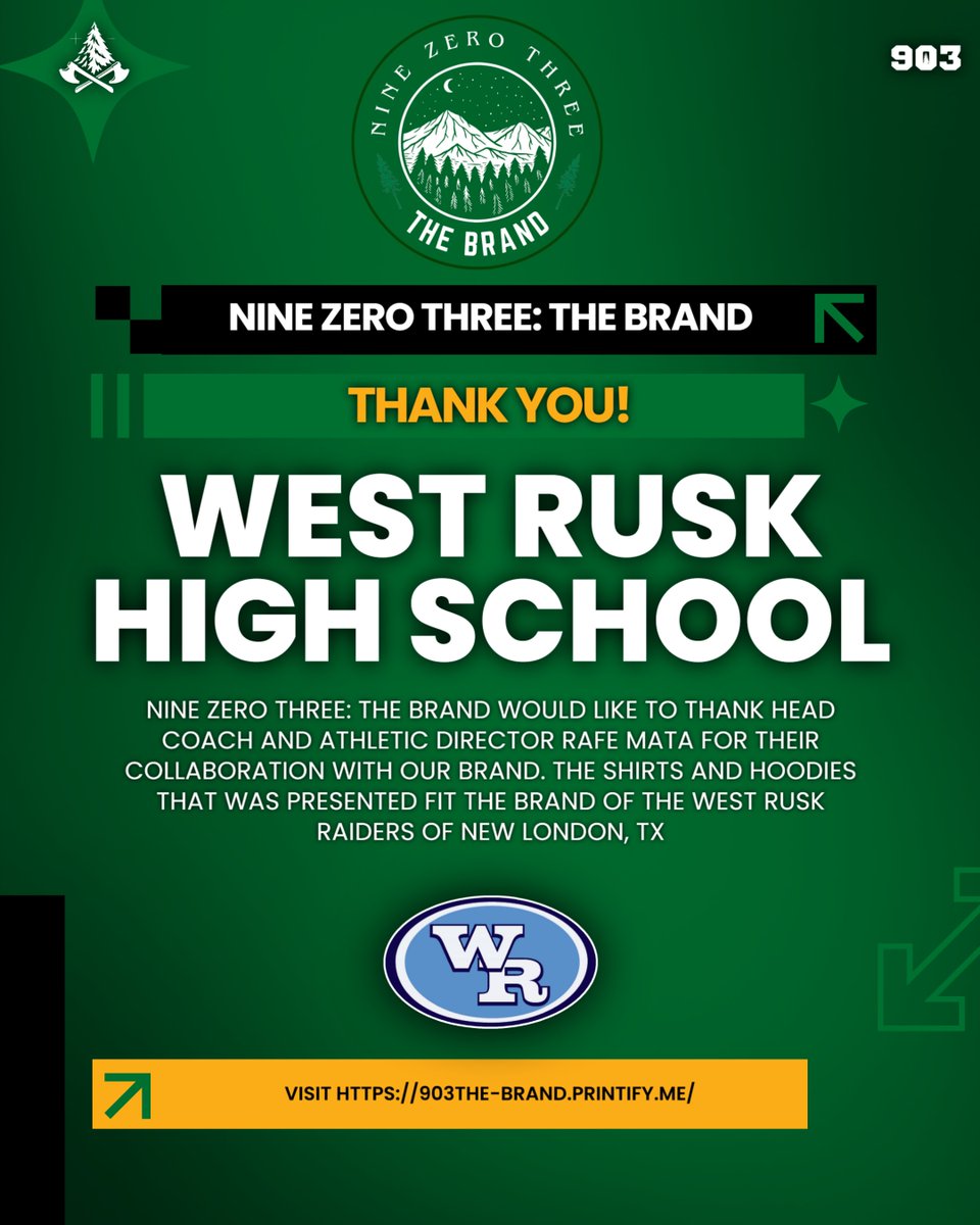 903TheBRND's tweet image. @903TheBRND would like to thank @rafemata and @WestRuskRaiders for their collab with us! We thank you so much for trusting @903TheBRND to be the brand for your coaches and staff! 

#SupportTheBRND #NineZEROThree #PineyWoods #ETX @CoachEvans903