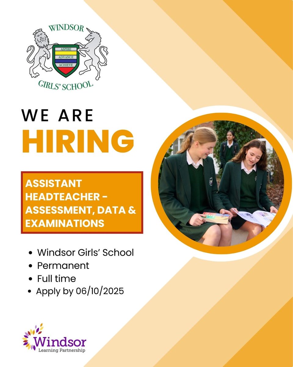WindsorLearning's tweet image. We are excited to be seeking an Assistant Headteacher who will lead and strategically manage data, assessment &amp;amp; examinations across the school, ensuring rigorous monitoring of student progress and attainment.

For more info &amp;amp; a candidate pack, please visit tinyurl.com/yeyf4svs