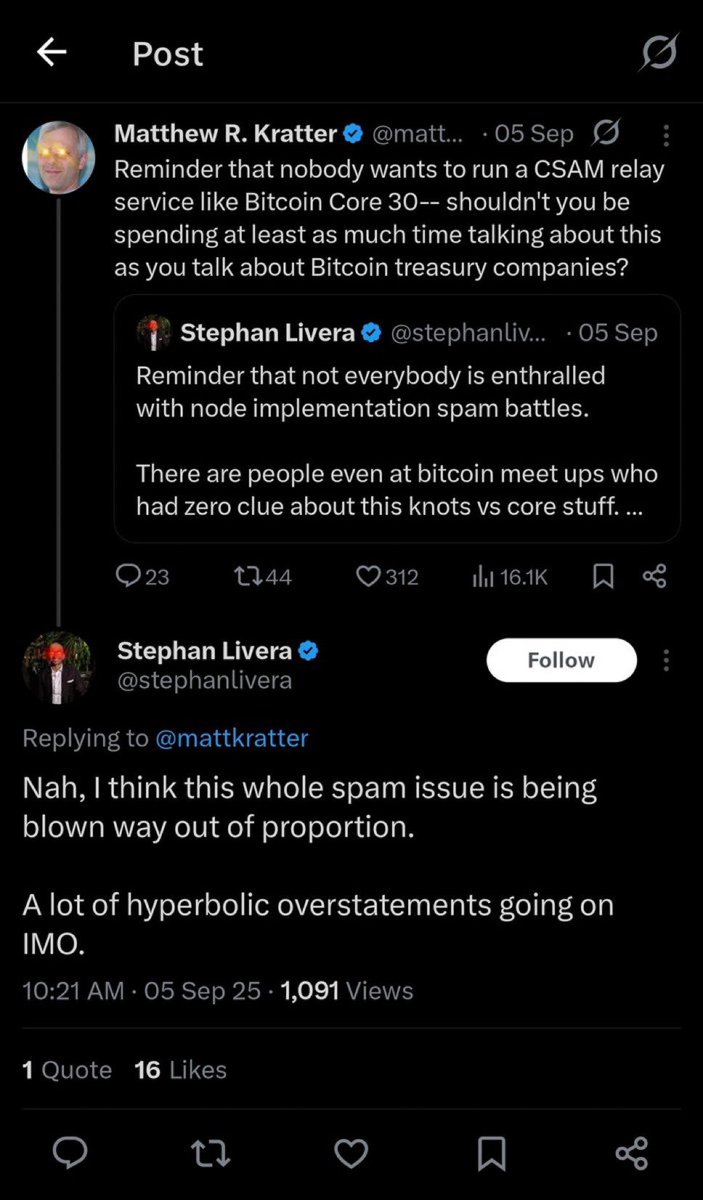 Whatever your take on Core vs Knots, <a href="/mattkratter/">Matthew R. Kratter</a> integrity is not the issue.

He’s not one of the clowns making the conference circuit, flogging “next big treasury company thing”, or pumping scammy side projects under the Bitcoin banner.

He built one of the best Bitcoin YouTube