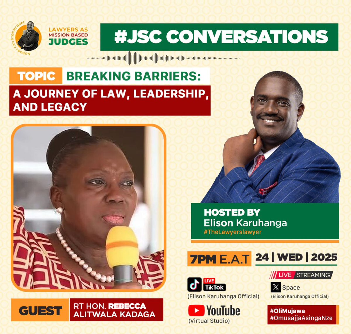ug_lawsociety's tweet image. Today&apos;s X Spaces discussion is of its kind! 
Let us meet at 7:00PM 

Set the Space via:
x.com/i/spaces/1RDxl… 

YouTube live via: youtube.com/live/hopn5dJpK…

#JudicialServiceConversations  @RebeccaKadagaUG 
@elisonk @MuyaakaAlfred  #DigitalTransformation