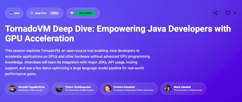 TornadoVM Deep Dive 🚀

This session will explore how @TornadoVM extends GraalVM to unlock GPU acceleration, covering parallelism, integration with existing tooling, and a live demo optimizing an LLM pipeline.

m.devoxx.com/events/dvbe25/…