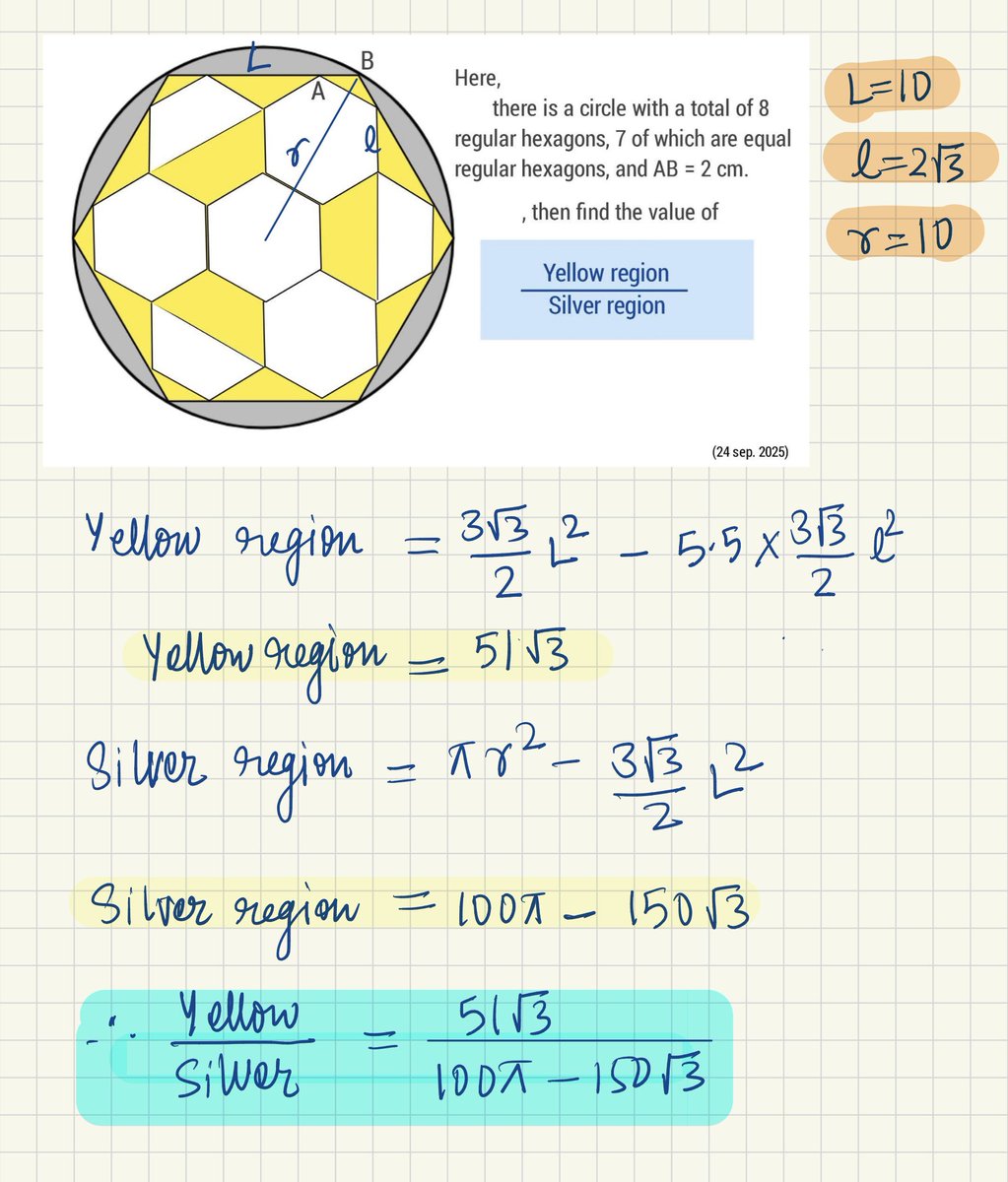 math_rehash's tweet photo. @sonukg4india Yellow / Silver = 51√3 / (100π - 150√3) https://t.co/rDNe40ke81