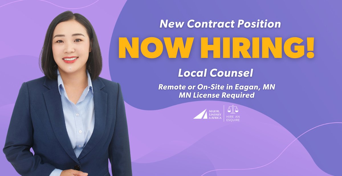Our client is hiring one Local Counsel with Civil Litigation and Personal Injury/Torts expertise!

This is a one time project that's expected to last 12+ mo. Position will be either remote or on-site in Eagan, MN.

See more details &amp; Apply: bit.ly/425eKnd
#HireanEsquire