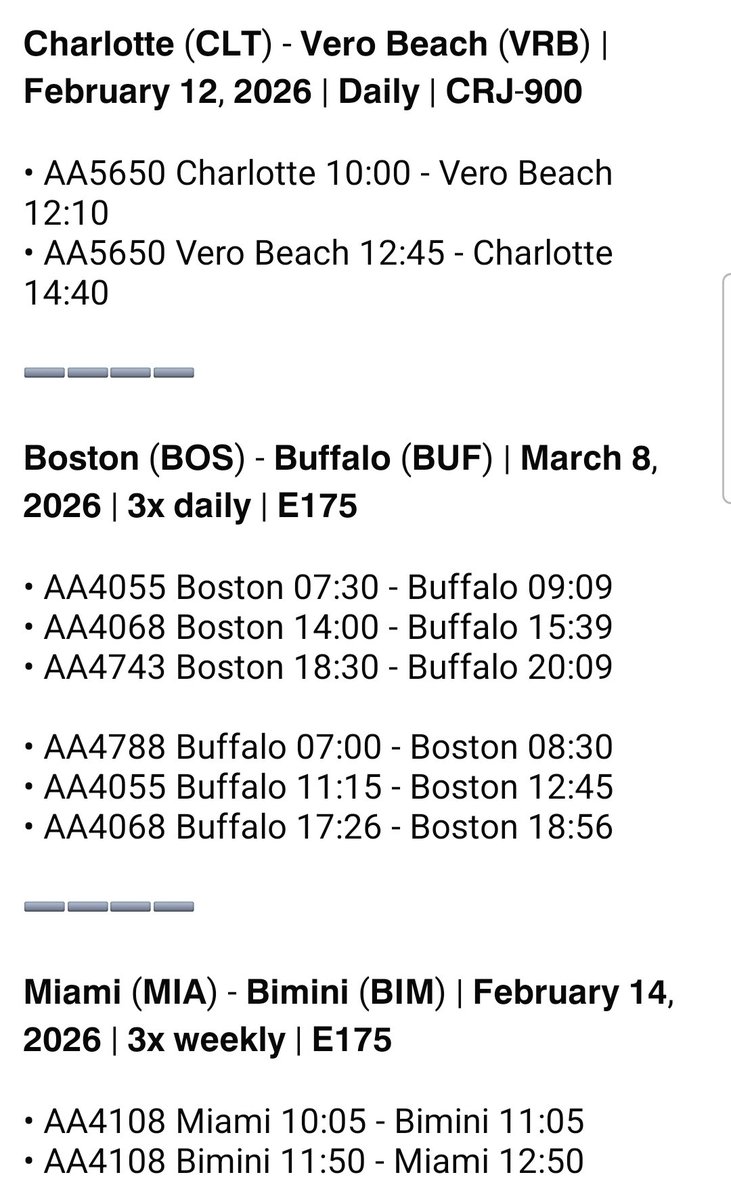 FlightModeblog's tweet image. #AmericanAirlines launches 3 new routes in 2026.

• Charlotte (CLT) - Vero Beach (VRB) | February 12, 2026

• Boston (BOS) - Buffalo (BUF) | March 8, 2026

• Miami (MIA) - Bimini (BIM) | February 14, 2026

📷 ©️PR Newswire

#American #AmericanAir #US #aviation #avgeek #avgeeks