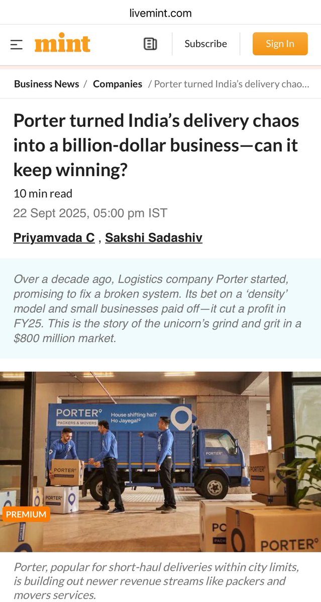 thetripathi58's tweet image. In a fragmented SME delivery market, @porterit_ turned chaos into predictability.

Others copied, but Porter innovated first. First mover advantage isn’t just timing - it’s execution, tech, and scale.

#LogisticsInnovation #PorterFirst

livemint.com/companies/port…