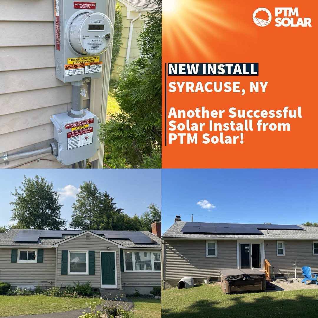 We're proud to share another successful installation in Syracuse, NY!
At PTM Solar, we're helping New York homeowners harness clean, renewable energy while lowering monthly bills and increasing home value.
Contact PTM Solar today and let's start your journey to clean energy.
