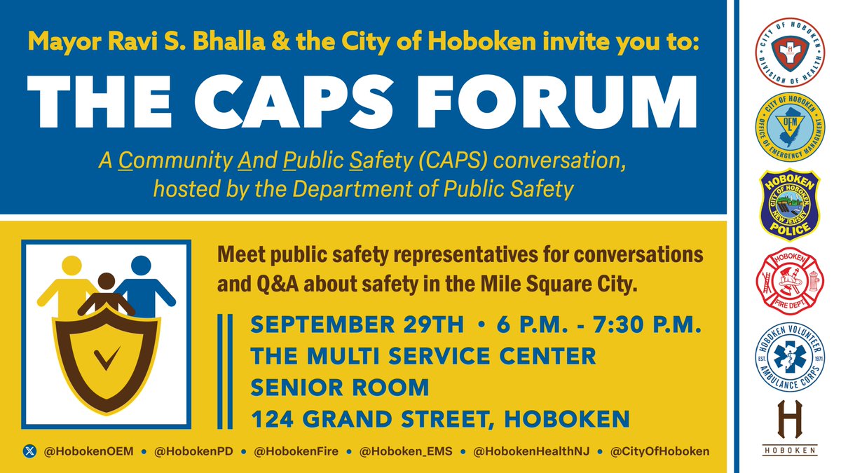 ❗️REMINDER! 
The next CAPS Forum will be held next Monday. Join your public safety reps from <a href="/HobokenPD/">Hoboken Police</a> <a href="/HobokenFire/">Hoboken Fire Dept</a> <a href="/HobokenOEM/">Hoboken OEM</a> <a href="/Hoboken_EMS/">Hoboken EMS & Volunteer Ambulance Corp</a> <a href="/HobokenHealthNJ/">HobokenHealthDivision</a> &amp; ask YOUR questions about all things public safety. 
-Monday, 9/29, 6 pm
-Multi Service Center, Sr. Room
-124 Grand St.