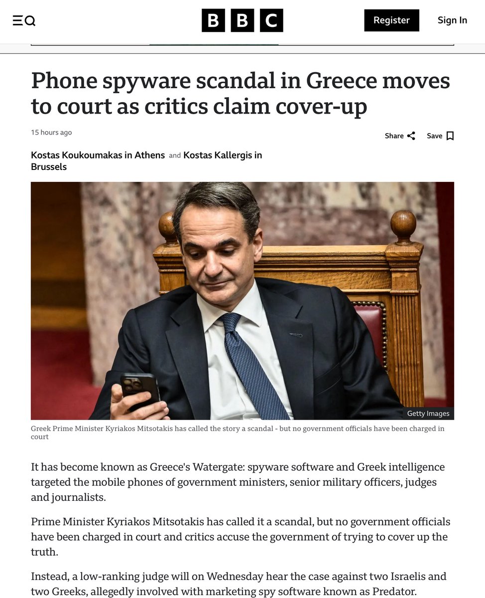 Το BBC άνοιξε πάλι το σκάνδαλο υποκλοπών Μητσοτακη υπογραμμίζοντας σε εκτενές ρεπορτάζ του ότι ο πρωθυπουργός χαρακτήρισε την υπόθεση σκάνδαλο, αλλά κανένας κυβερνητικός αξιωματούχος δεν έχει κατηγορηθεί δικαστικά και αντ αυτού,ένας χαμηλόβαθμος δικαστής θα εκδικάσει την υπόθεση