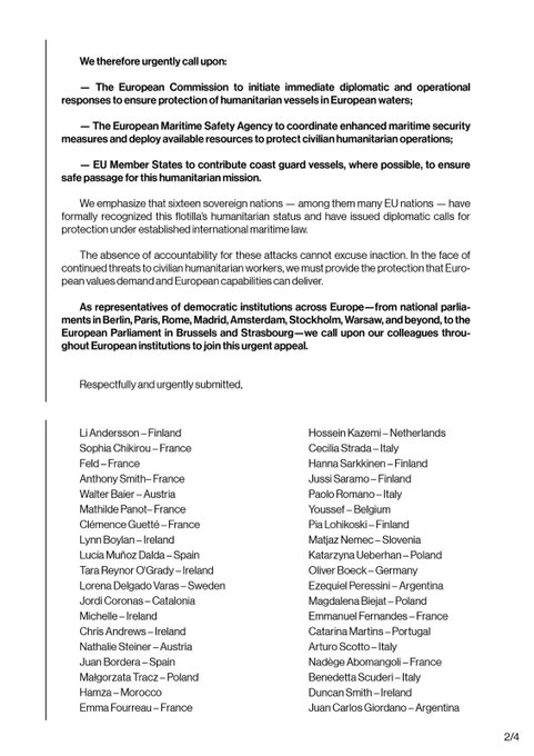 A document titled "URGENT REQUEST FOR EU MARTIME PROTECTION FOR THE GLOBAL SUMUD FLOTILLA" dated 24 September 2023. It lists names of European Union parliamentarians and officials, including Ursula von der Leyen and Antonio Costa, under sections for the President of the European Commission and Executive Director of the European Maritime Safety Agency. The text mentions demands for protection and includes signatures from representatives across Europe, such as Li Andersson from Finland and Jos\u00e9 Luis Bilbao from Spain.