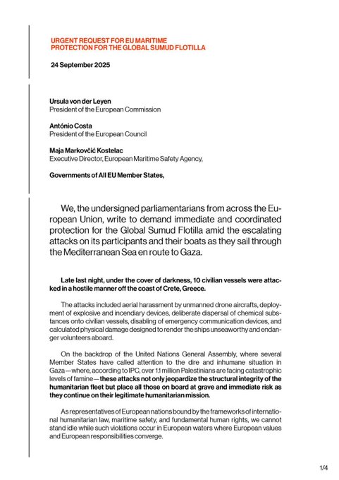 A document titled "URGENT REQUEST FOR EU MARTIME PROTECTION FOR THE GLOBAL SUMUD FLOTILLA" dated 24 September 2023. It lists names of European Union parliamentarians and officials, including Ursula von der Leyen and Antonio Costa, under sections for the President of the European Commission and Executive Director of the European Maritime Safety Agency. The text mentions demands for protection and includes signatures from representatives across Europe, such as Li Andersson from Finland and Jos\u00e9 Luis Bilbao from Spain.