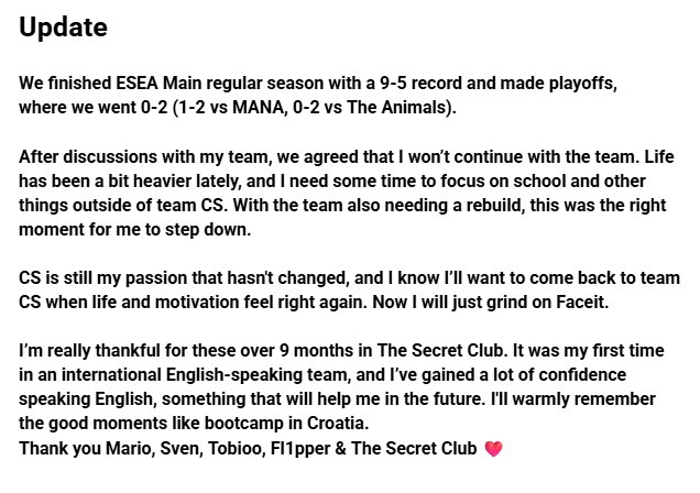 Taking a break from team CS for some time.