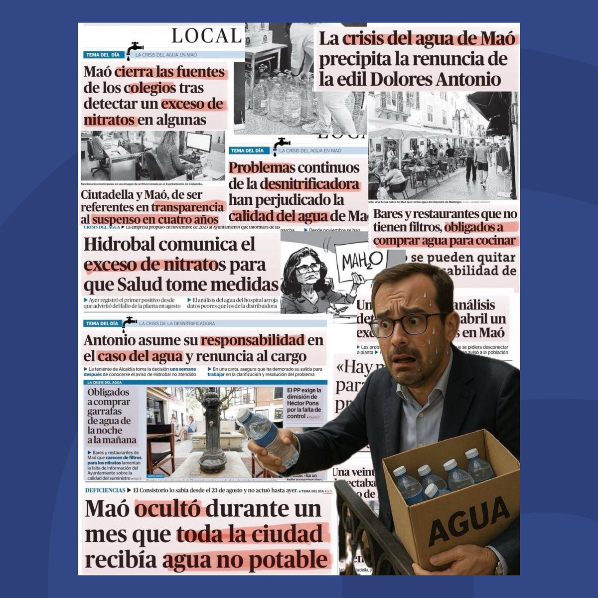 Un año después, Mahón sigue sin agua potable.

💧 La crisis del agua estalló hace un año y seguimos sin soluciones reales.

🚫 Nitratos por encima del límite, colegios con fuentes cerradas, bares comprando garrafas y vecinos pagando las consecuencias de una gestión inaceptable.
