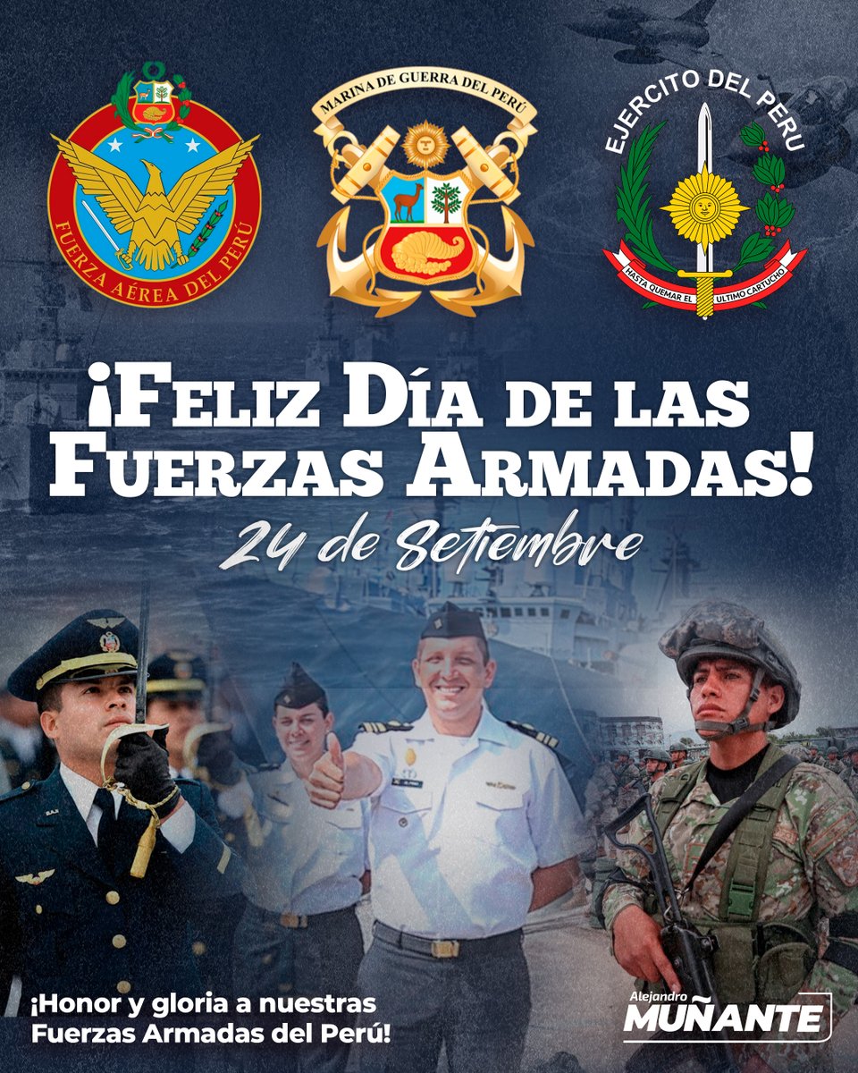 AlejoMunante's tweet photo. 🇵🇪 ¡Honor y gloria a nuestras Fuerzas Armadas!
🪖 En su día, rendimos homenaje a quienes, por mar, tierra y aire, protegen el territorio y resguardan el orden interno con valentía y amor por la Patria.
#DíaDeLasFuerzasArmadas #24Set https://t.co/CMVyn6gL7l