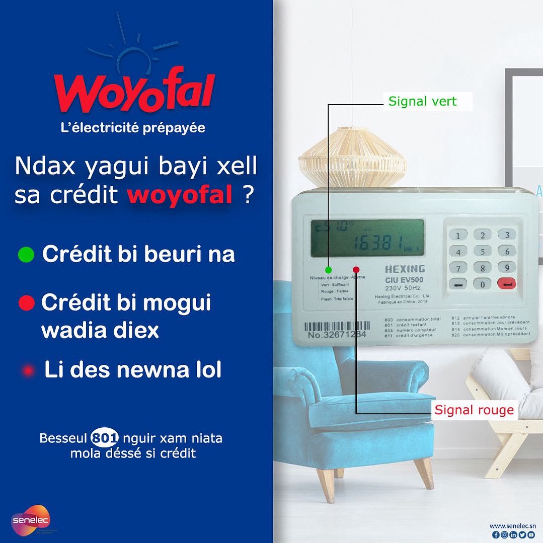 Senelecofficiel's tweet image. Led rouge: local alimenté.
Led vert: Credit suffisant
        - Vert: crédit sup. à 30kWh 
        - Rouge: crédit entre 30-15kWh
       -Rouge clignotant: crédit entre 15-5kWh
       - Rouge clignotant et bip : crédit inf. à 5 kWh
#Senelec #Woyofal