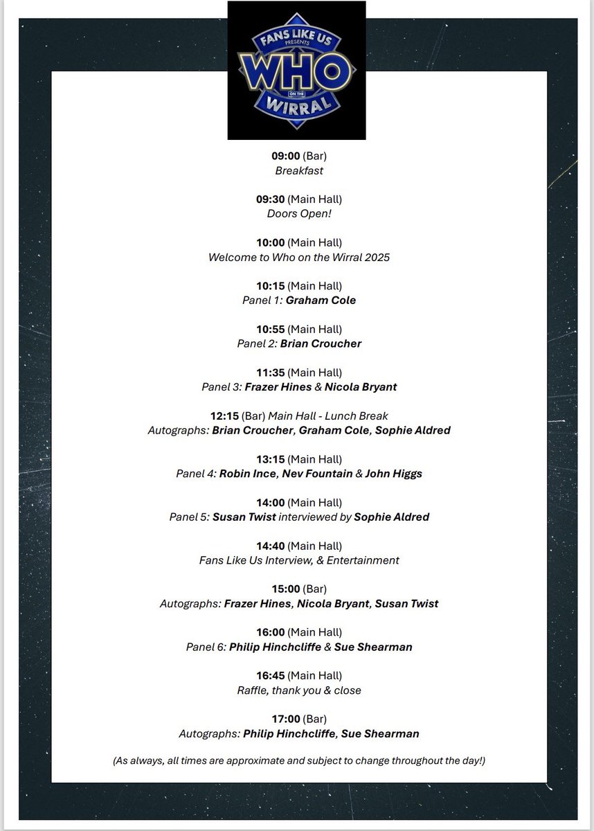 Our schedule for Saturday! Main Hall opens at 0930hrs for 1000hrs start!