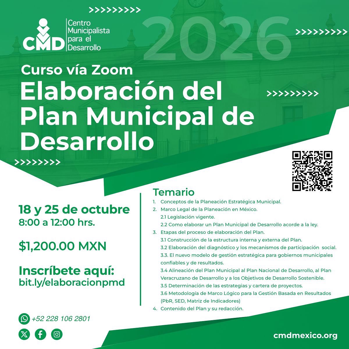 El CMD-México es referente internacional en capacitación municipal. Aprende a elaborar tu Plan Municipal de Desarrollo con los expertos.
📅 18 y 25 de octubre | Vía Zoom
👉 bit.ly/elaboracionpmd