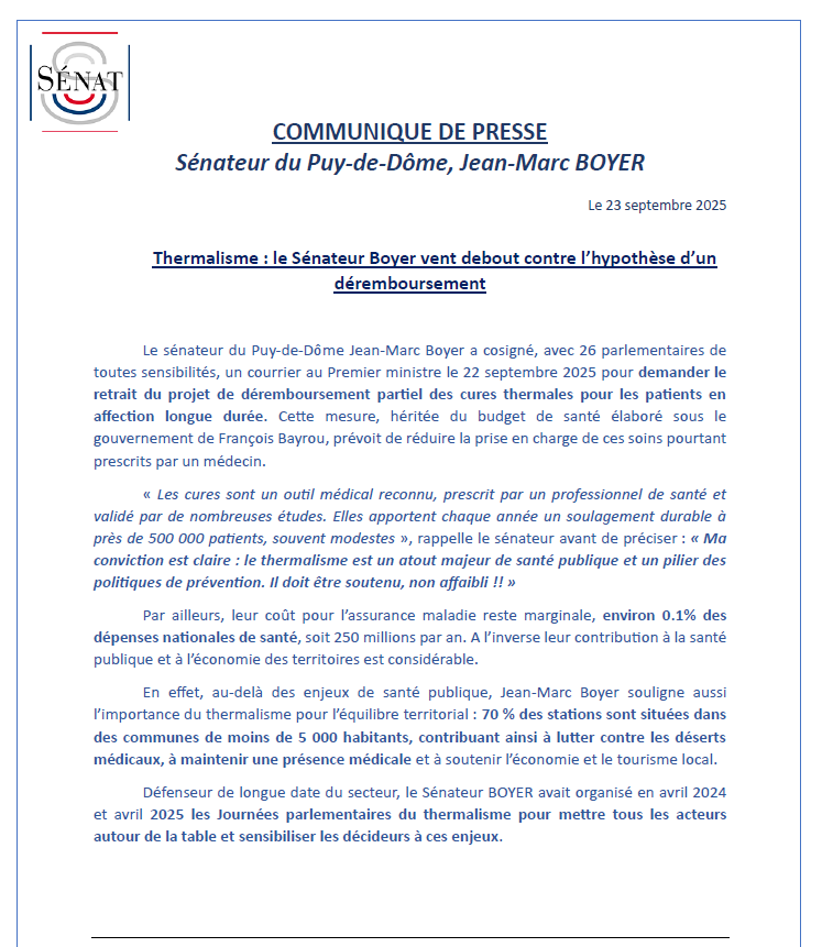 BoyerJ_M's tweet image. Évident que je sois cosignataire : les cures thermales sont prescrites par des médecins, efficaces pour près de 500 000 patients chaque année, et un vrai pilier de prévention. 
✖️Stop au déremboursement ! 

Retrouvez ci-après mon communiqué de presse ⤵️

#thermalisme